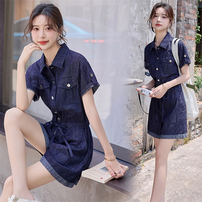 牛仔宽松连体裤女2025夏季新款网红小个子连身短裤高端外穿连衣裤,女装连体裤,E百度