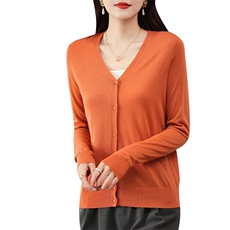 精纺羊毛针织开衫女外套春夏新款V领薄短款外搭长袖毛衣简约上衣，女装羊毛衫，片语羊绒