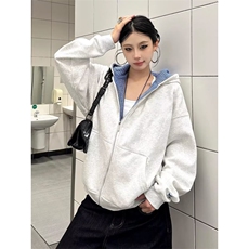 开衫连帽卫衣外套男女秋冬2025新款拼接格子设计感宽松上衣，女装短外套，星座410-7