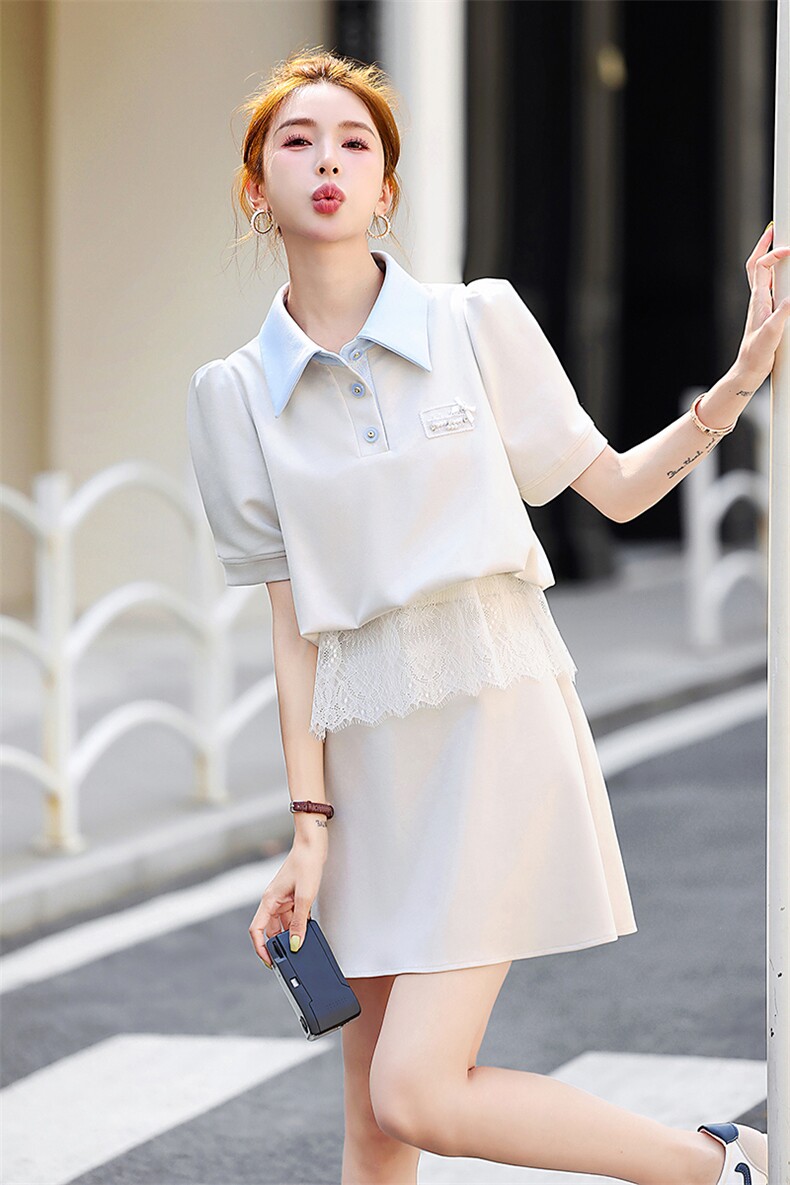 时尚休闲polo领套装裙女2025夏新款减龄蕾丝拼接洋气半身裙两件套,女装套装/套裙,歌伊格美