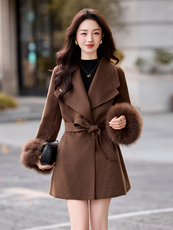 现货主推新款简约时尚气质保暖大西装真狐狸袖毛双面呢大衣送腰带，女装双面呢大衣，韩美纤衣