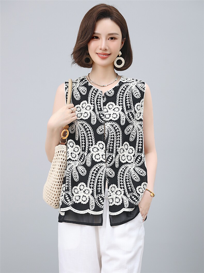 2025年夏季无袖刺绣开衫上衣,女装T恤,小林双子