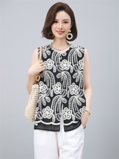 2025年夏季无袖刺绣开衫上衣，女装T恤，小林双子