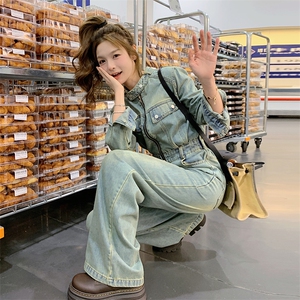 （新款现货）2026春装时尚休闲复古色立领拉链工装阔腿牛仔连体裤图片