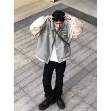 美式毛呢拼接棒球服外套男女春秋休闲宽松复古刺绣潮牌夹克上衣，男装夹克，星座1210-1