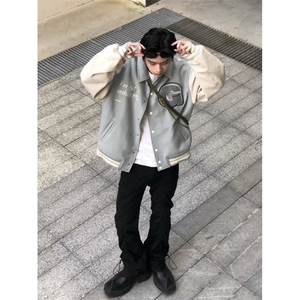 美式毛呢拼接棒球服外套男女春秋休闲宽松复古刺绣潮牌夹克上衣图片