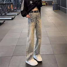 美式复古闪电裂纹牛仔裤男潮牌痞帅男款显瘦直筒裤子NK7088，男装牛仔裤，星座208-5