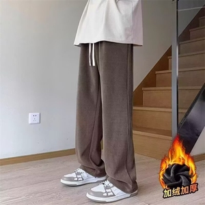 重磅加绒休闲卫裤男秋冬美式复古阔腿裤子青少年垂感运动长裤图片