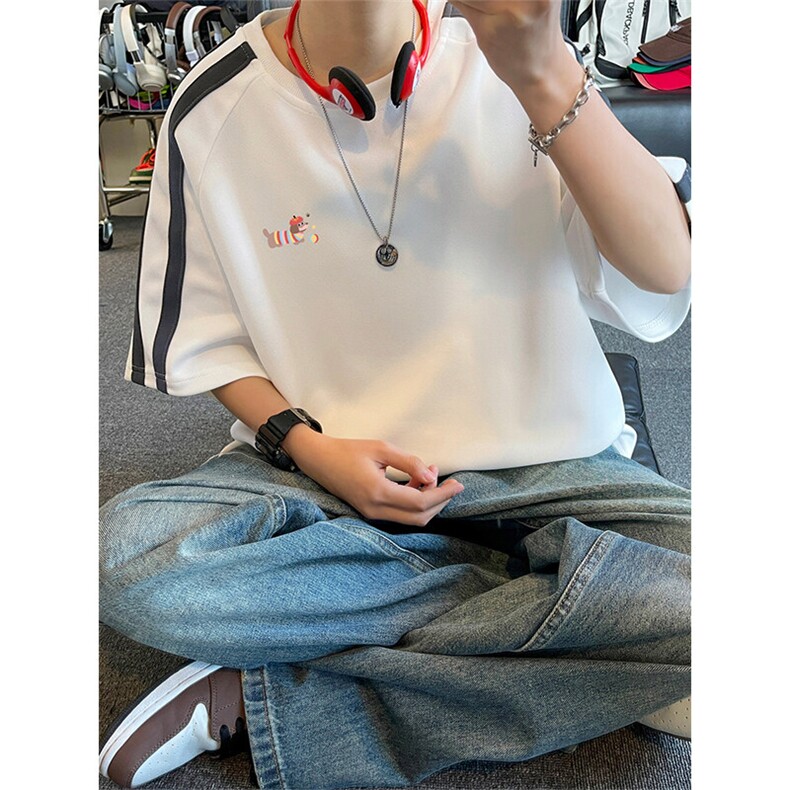 美式复古重磅撞色拼接T恤短袖男夏季印花插肩袖T3676-特价P34,男装T恤,电商A007
