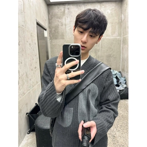 针织衫女秋冬季美式复古宽松休闲设计感黑色露肩毛衣MY271图片