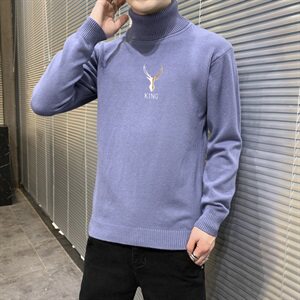 秋冬可翻高领毛衣男鹿头纯色长袖男刺绣毛衫打底针织衫蓝M255P33