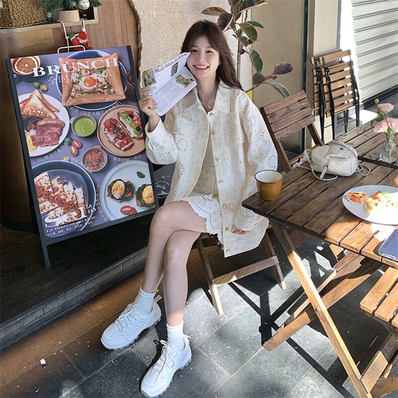 白色镂空刺绣牛仔套装裙女2025春季新款设计感小众衬衫短裙两件套,女装套装/套裙,2C201