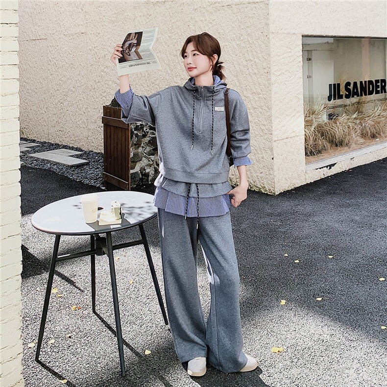 韩版宽松格子拼接连帽卫衣套装女2025秋新款慵懒风休闲卫裤两件套,女装套装/套裙,2C326