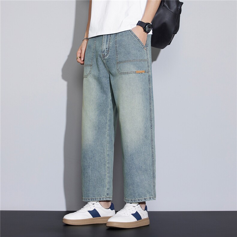 美式复古水洗牛仔裤男士潮牌26夏季新款宽松矮个子九分裤3323-P48，男装牛仔裤，星座1006