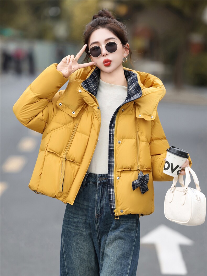 2025冬新款短款防风连帽面包服羽绒服白鸭绒廓形显瘦保暖潮流气质,女装羽绒服,意芙
