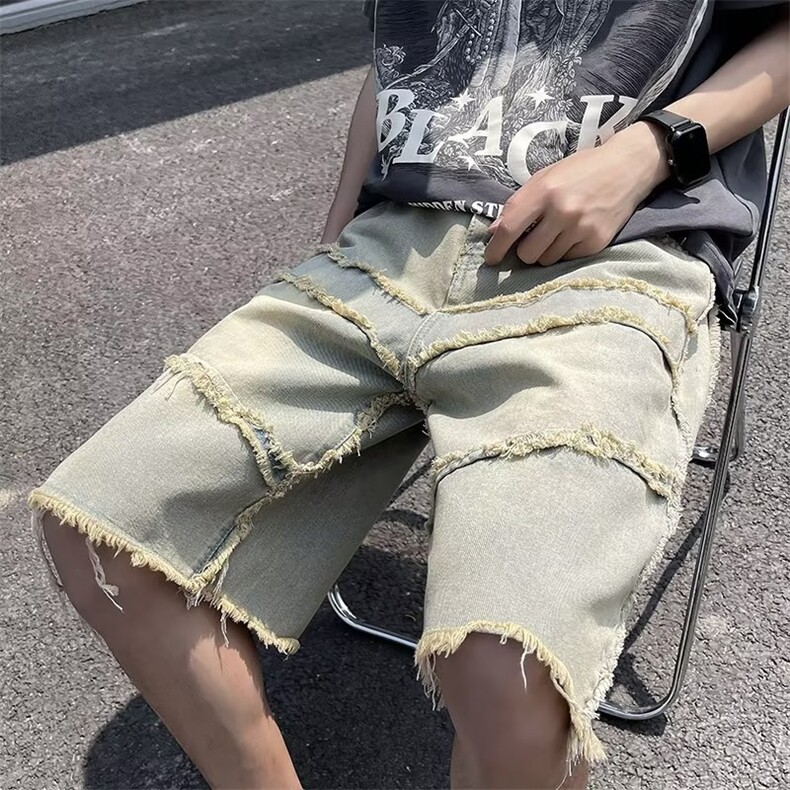 美式水洗做旧情侣牛仔短裤男士夏季潮牌高街五分中裤~N2113-p40,男装牛仔裤,星座601-2