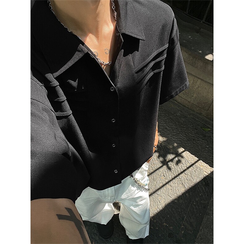CS6019-P40控68 夏季褶皱拼接短袖男宽松潮流冰丝衬衫图片