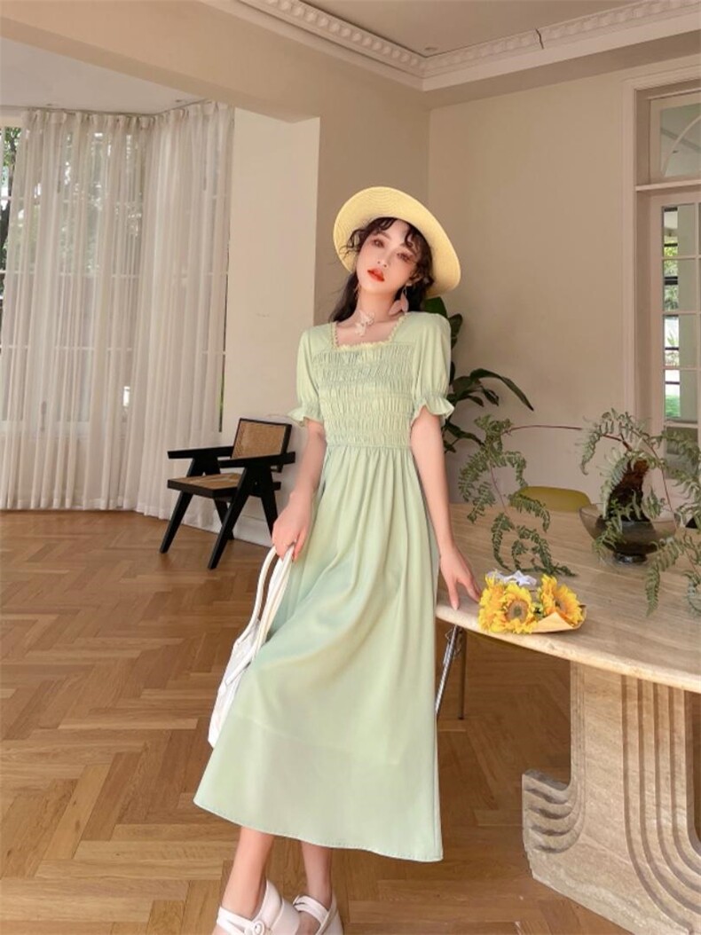 净色夏季连衣裙，女装连衣裙，安玖拉