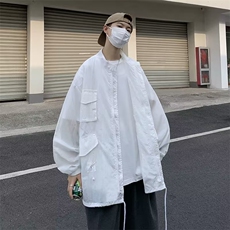港风短袖衬衫男夏季潮牌痞帅气白色五分半袖上衣工装衬衣，男装衬衫，星座716-4