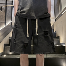 春夏新款i美式宽松破洞牛仔短裤N354p45，男装牛仔裤，星座712