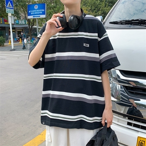 宽松潮牌短袖纯棉T恤夏装新款撞色条纹男女情侣装 T040-P22图片