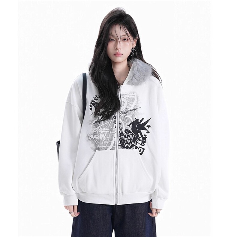 W10717-P58网图现货美式复古毛领连帽开衫卫衣情侣拉链外套,女装短外套,星座1608