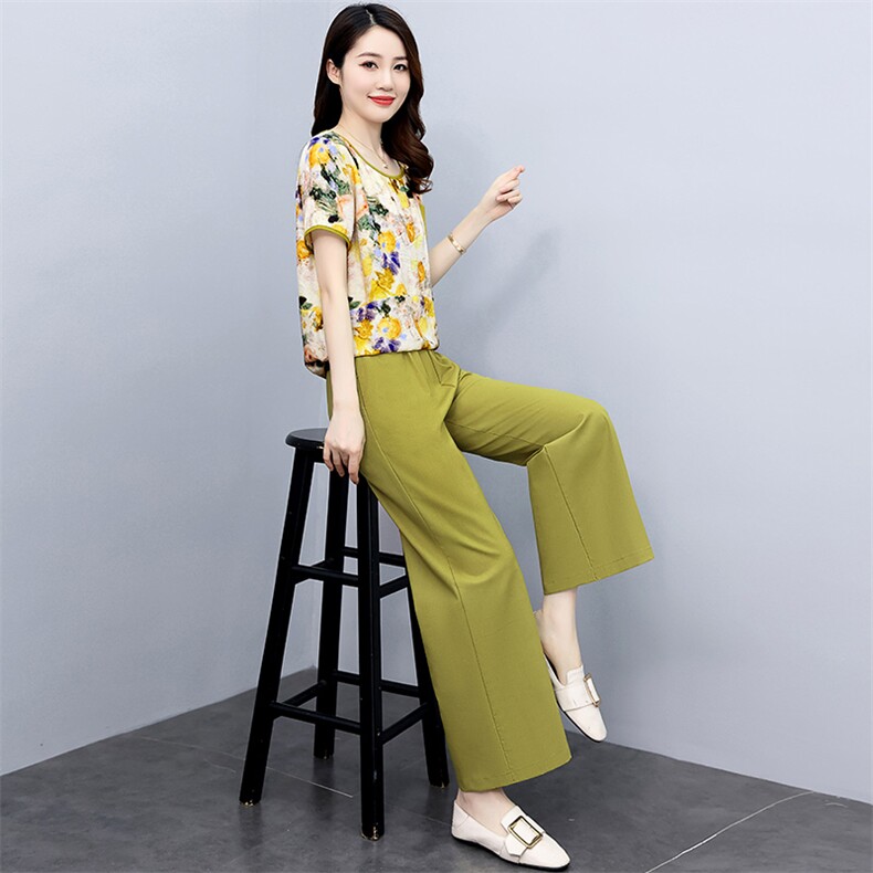 时尚棉麻套装女夏季新款洋气印花衬衫九分休闲裤子两件套,女装套装/套裙,香水丽阁