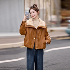 美拉德咖色羊羔毛翻领皮衣短外套女气质百搭夹棉夹克外套,女装皮衣,涵墨,浙宝-杭派风 美拉德咖色羊羔毛翻领皮衣短外套女气质百搭夹棉夹克外套,女装皮衣,涵墨,浙宝-杭派风