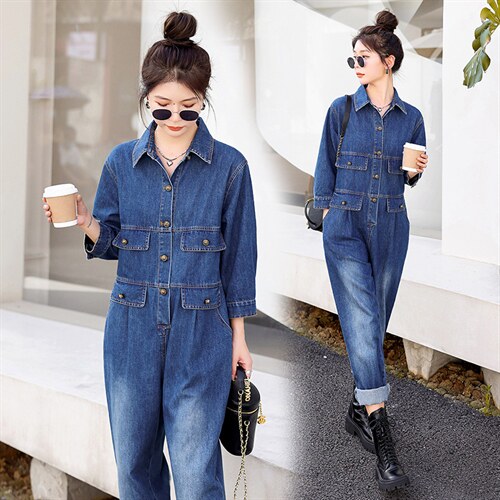 时尚显瘦牛仔连体裤女宽松高腰长袖休闲工装裤百搭气质女装，女装连体裤，秋水欣儿