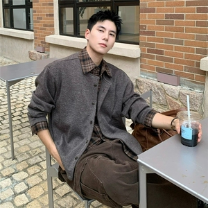 GS6167P68轻奢商务假两件衬衫美式复古韩版潮男百搭针织翻领开衫图片