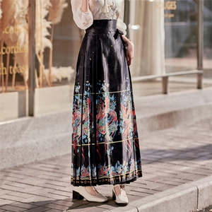 新中式改良马面裙女2024春高腰显瘦中国风印花百褶汉服半身裙图片
