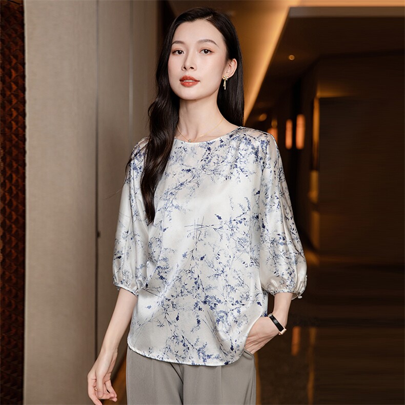 纯色真丝上衣女七分袖2026春夏宽松中袖中年妈妈装真丝T恤小衫，女装衬衫，阿舍尔精品