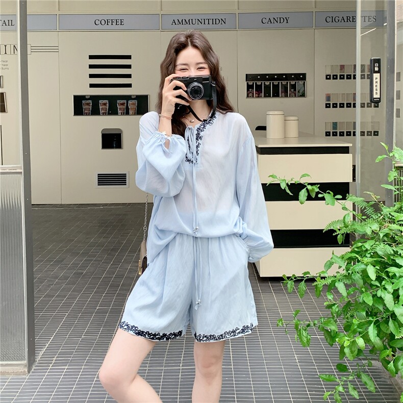 高腰显瘦浅蓝色防晒小衫短裤套装女夏2025新款洋气减龄轻薄两件套,女装套装/套裙,2D076