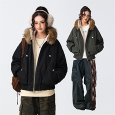 现货重磅boxy短款棉衣座山雕大毛毛领男女棉服水洗工装厚外套，男装棉衣，电商A486