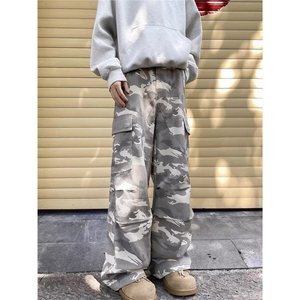 迷彩牛仔裤男美式复古小众宽松休闲褶皱解构多口袋阔腿裤 NZ13图片