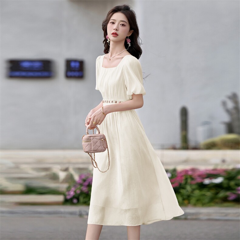 2025夏季方领印花温柔风仙女裙简约设计感泡泡袖高腰连衣裙,商品下架区,贝蕾酷儿