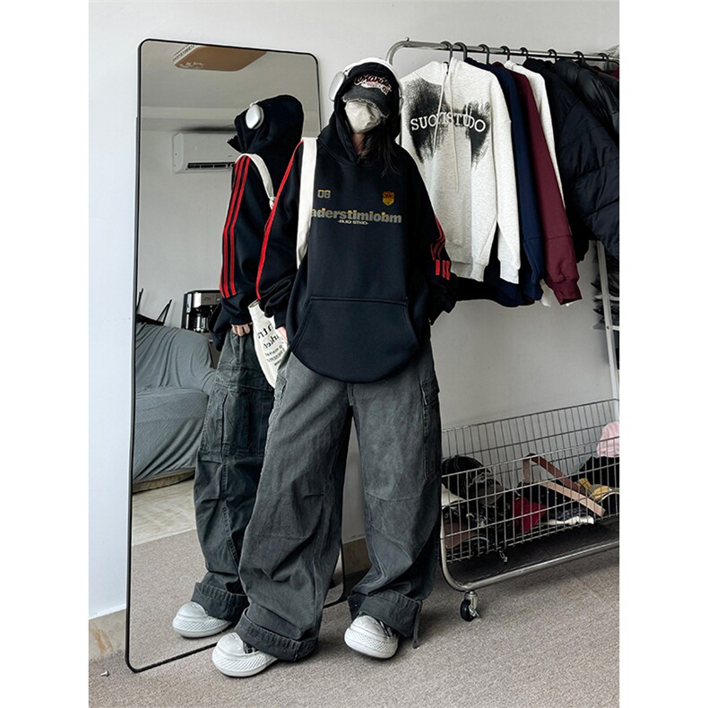 抖音得物供货提供视频秋冬重磅美式宽松织带连帽卫衣2303,男装卫衣,电商A486