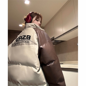 EQ346 PU皮棉衣撞色油墨印花冬季加厚面包服外套男女情侣装2023图片