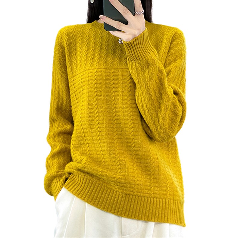 时尚百搭女士羊毛衫圆领绞花纯色舒适宽松毛衣,女装羊毛衫,莺澜羊绒