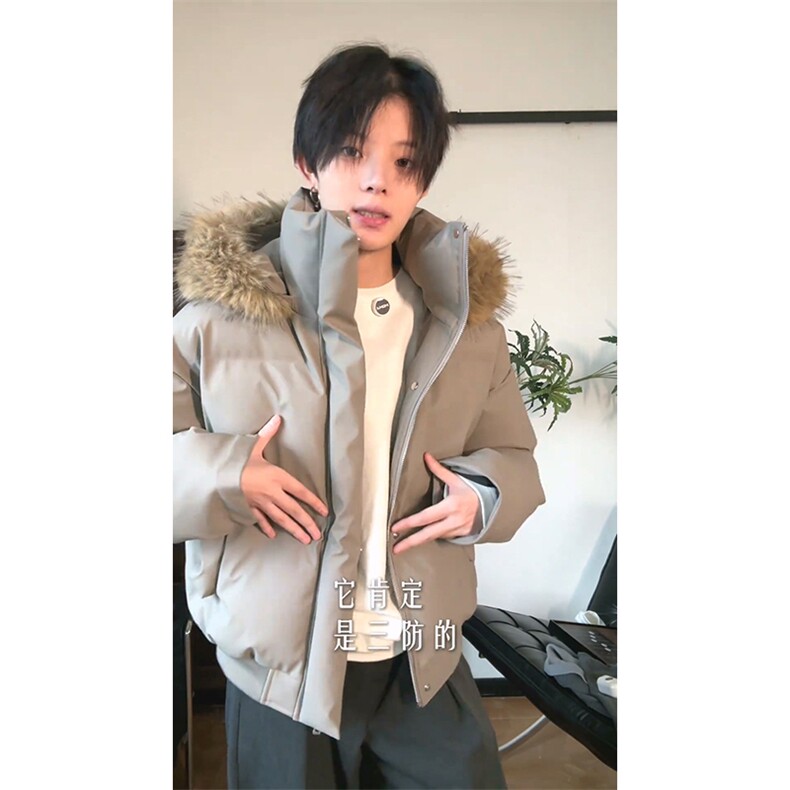 现货三防重磅硬挺boxy短款羽绒棉衣座山雕大毛毛领PU皮棉服外套冬,男装棉衣,电商A443