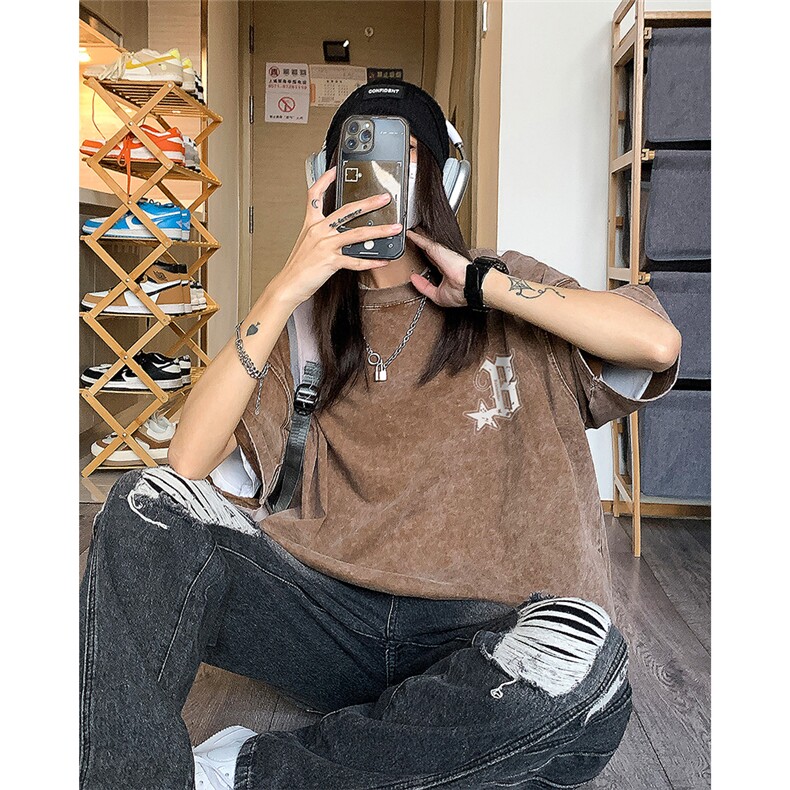 EQ205*水洗美式复古短袖男女学院风做旧T恤潮流印花体恤2024新款,男装T恤,电商C306-1