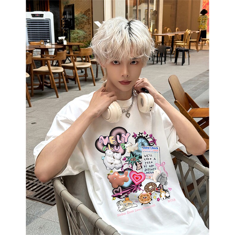 抖音得物供货210克现货宽松纯棉美式潮牌印花落肩袖纯棉T恤AT2143,男装T恤,电商A443