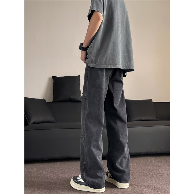 美式风复古阔腿牛仔裤男夏季新款宽松百搭破洞设计感直筒裤子,男装牛仔裤,星座410-7
