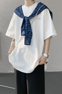 8XL-M 潮情侣美式拼接打结格子假两件短袖宽松纯棉T恤男 DX338图片