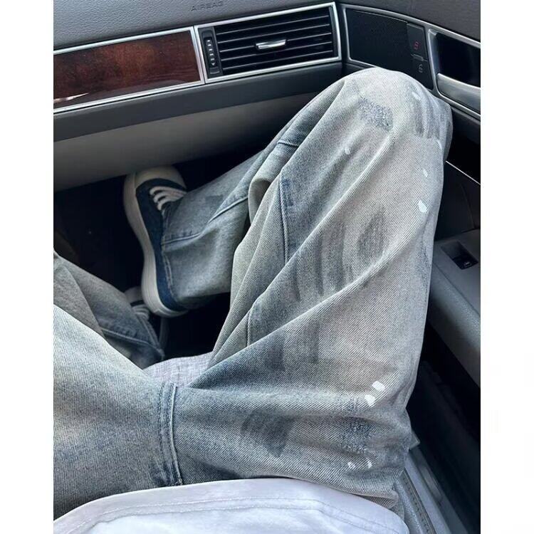 水洗脏染泼墨设计直筒牛仔裤男春秋季美式高街vibe修身显瘦微喇裤,男装牛仔裤,星座506A