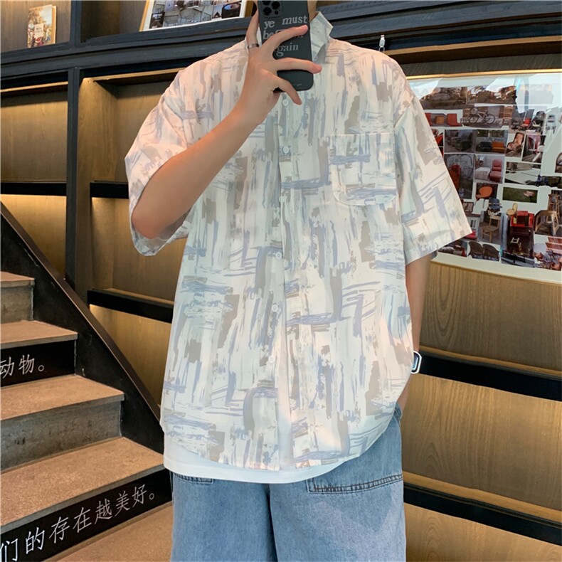 衬衫男夏季薄款日系潮流ins痞帅衬衣小众宽松冰丝短袖W1001-P28,男装衬衫,星座512-2