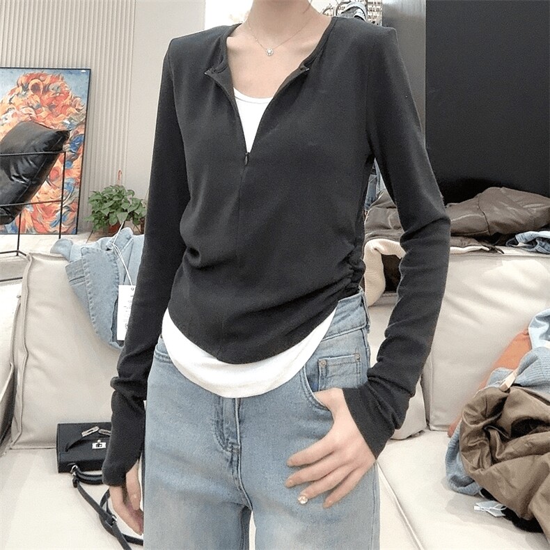 QC020-P48新款秋季半开领长袖独特上衣假两件修身设计感褶皱正肩，女装卫衣/绒衫，星座617A-2