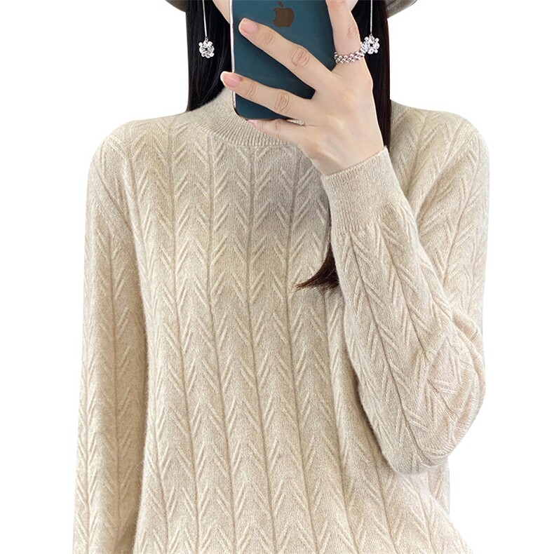 秋冬新款半高领提花100%纯羊毛衫女纯色长袖毛衣宽松羊绒衫打底衫,女装羊毛衫,鸿陌羊绒