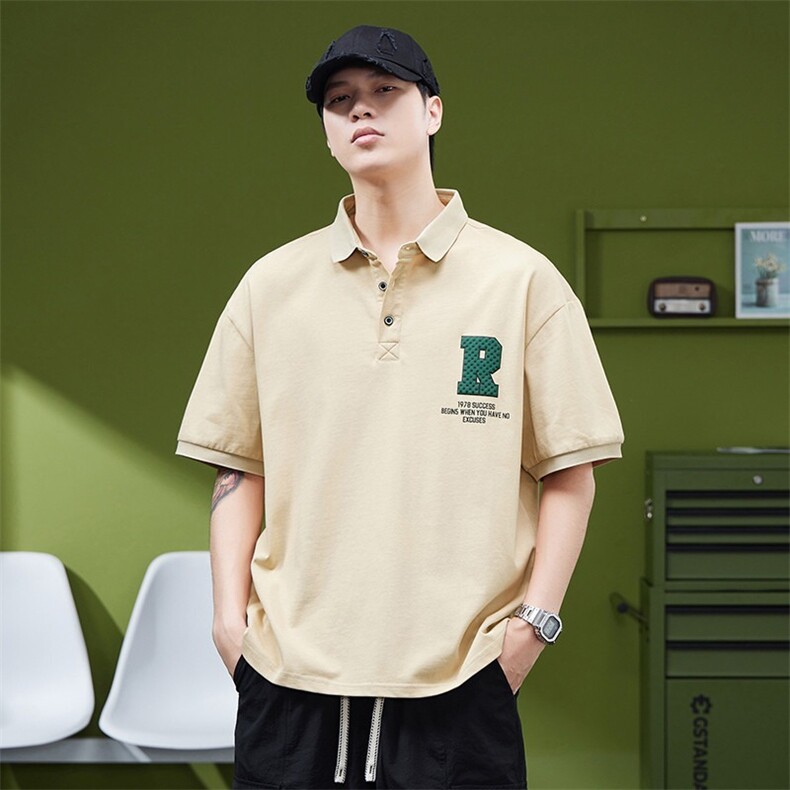 日系polo衫短袖翻领T恤男设计感小众宽松高级感痞帅体恤PL75P64，男装T恤，星座1013-5