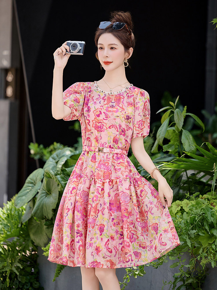 新中式国风连衣裙女夏季2025新款小个子收腰显瘦洋气法式印花裙子,女装连衣裙,韩宇舍